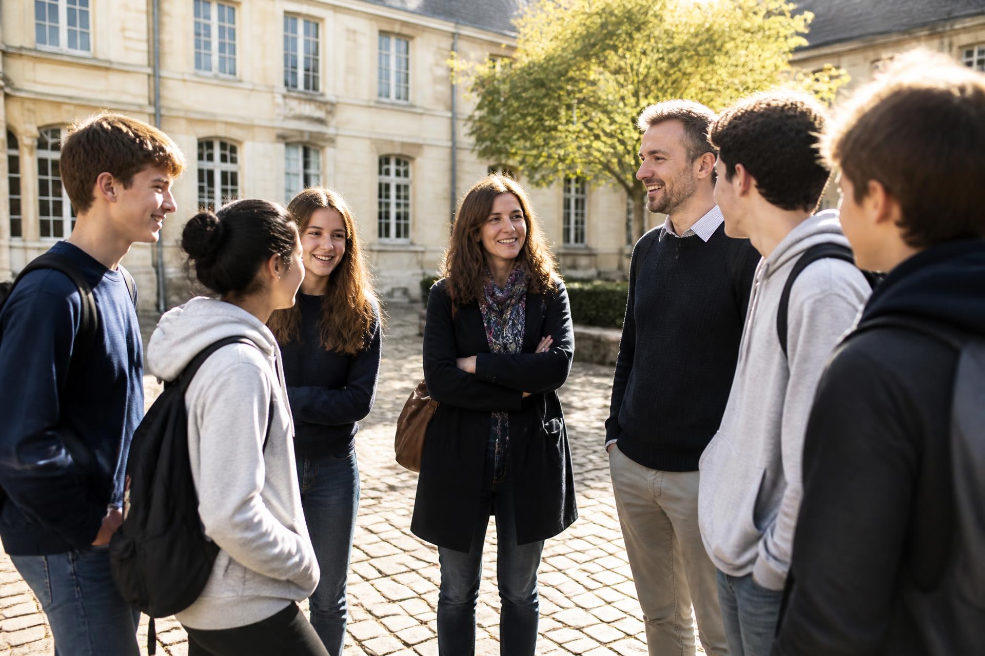 Élèves et professeurs de l'Institution Jean-Paul II échangeant dans la cour pavée, façade en pierre de taille éclairée par le soleil