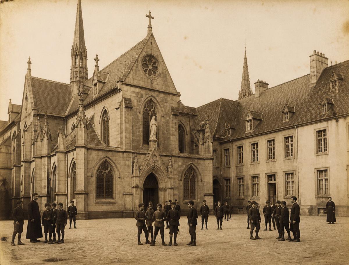 Photographie ancienne de la cour et de la chapelle de l'établissement