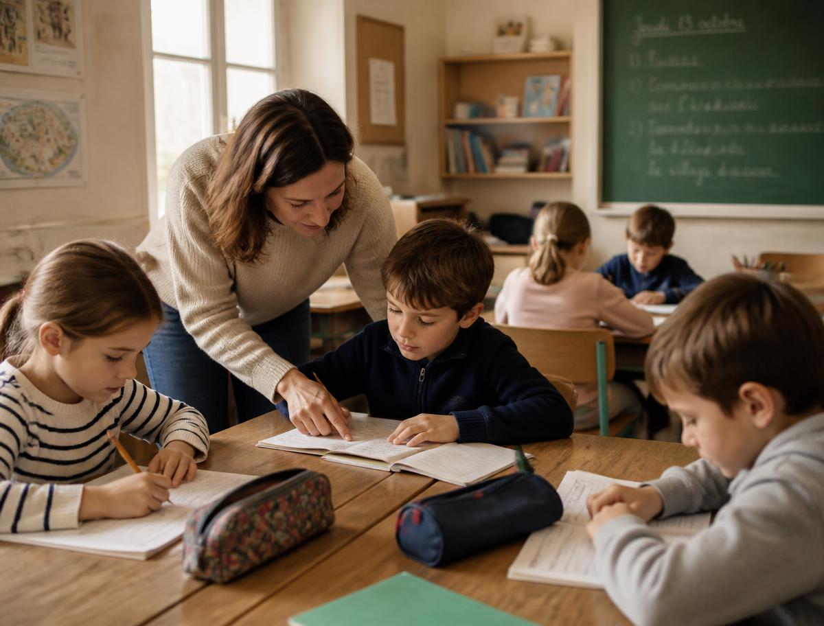 Enseignante accompagnant des élèves de primaire