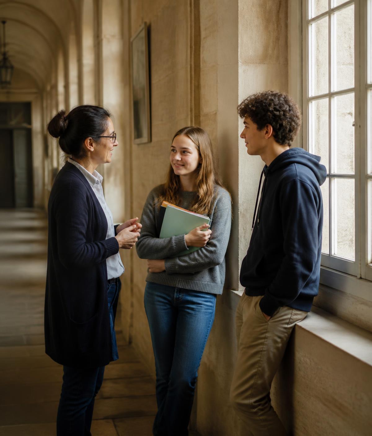 Une enseignante échange avec deux élèves dans un couloir de l'Institution